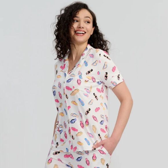 89th+MADISON L White Colorful Flip Flops Notch Collar Short Sleeve Pants PJ Set - Picture 2 of 14